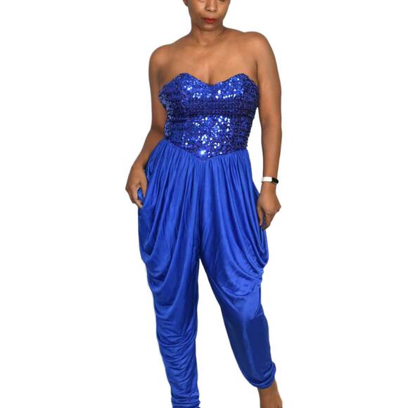 Sequin Draped Jumpsuit Vintage Blue Harem Strapless Sweetheart Pant Size Small - Picture 1 of 16